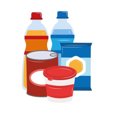 Acil Yiyecek Kutuları Yoğurt İçecekleri Etiket Atıştırmalığı Düz Hayatta Kalma Vektörü Taşıyıcı Yedekleme Rafı Temel Beslenme