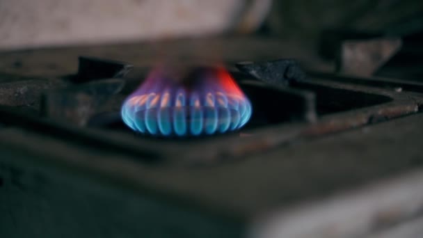Blauer Brennstoff Brennt Ofen Eines Alten Unaufgeräumten Küchenherdes Großaufnahme Raumheizung — Stockvideo