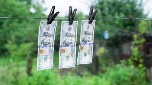 Tři Sta Dolarových Bankovek Visících Prádelní Šňůře Připíchnuté Rozmazaném Pozadí — Stock video