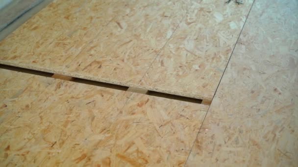 Close Installed Subfloor Made Oriented Strand Board Surface Leveling Osb — Stock video