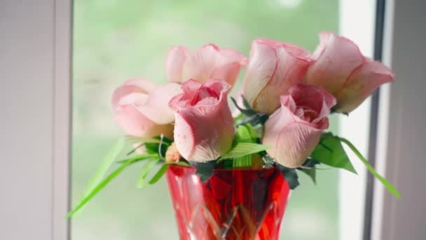 Bouquet Fake Pink Plastic Roses Red Vase Windowsill Old Plastic — Stockvideo