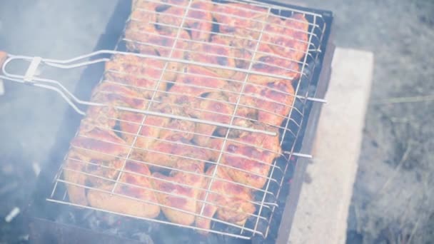 Chicken Wings Grid Fried Grill Smoke Close Top View High — Wideo stockowe