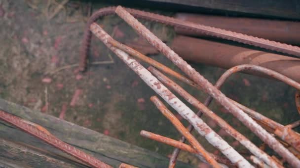 Used Rusty Metal Rebar Closeup Waste Iron Bars Pouring Foundation — Vídeos de Stock