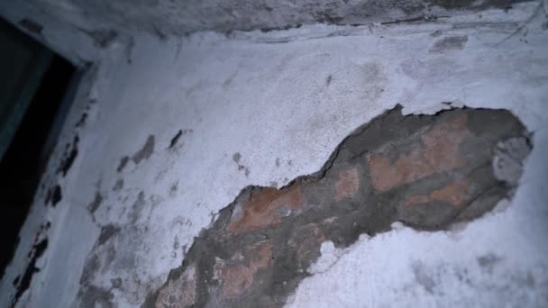 Camera Descends Basement Dark Light Flashlight Collapsing Wall Bomb Shelter — Video Stock