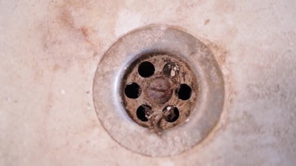 Dirty Rusty Bathroom Drain Close Hair Dirt Sink Camera Rotation — Wideo stockowe