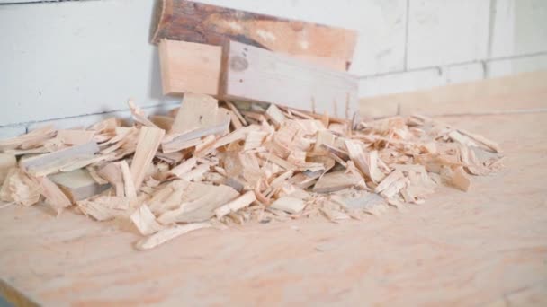 Wood Shavings Oriented Strand Board Close Smooth Camera Movement Remains — Stock videók