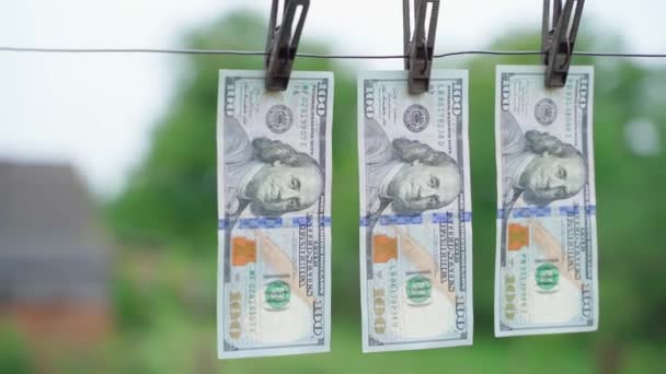 Hundred Dollar Bills Drying Clothespins Close Parallax Cash Clothesline Outdoors — Video Stock