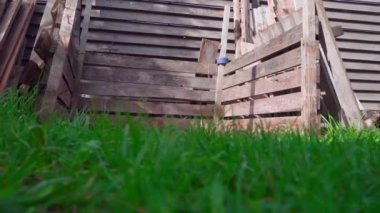 Wooden structure after the compost heap. Smooth camera movement. The use of wooden boards in agriculture and gardening. High quality FullHD footage