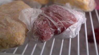 A piece of meat in a plastic bag lies in the freezer of the refrigerator close-up. Remaining food supplies. High quality FullHD footage