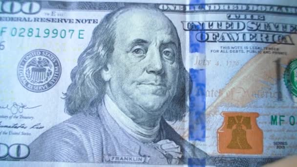 One Hundred Dollars Close Camera Movement New Cash Dollar Bill — Vídeos de Stock