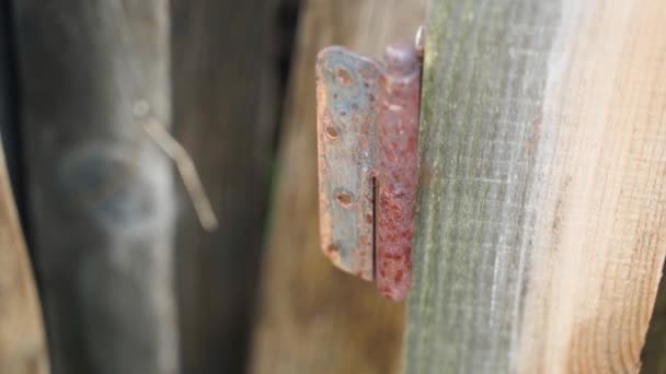 Old Rusty Door Hinge Wooden Beam Close Smooth Camera Movement — Stock Video