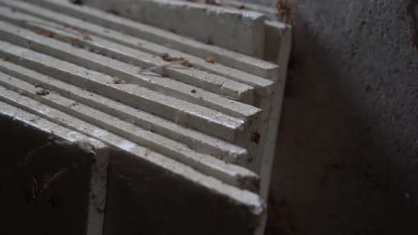 Dünne Weiße Schaumstoffplatten Staub Großaufnahme Reste Der Polystyrol Isolierung Hochwertiges — Stockvideo
