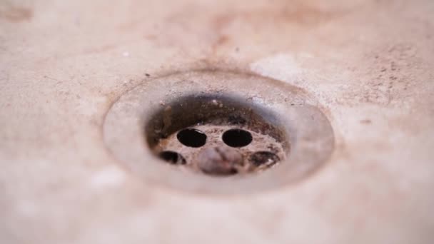 Banheiro Sujo Drenar Close Placa Sujeira Ralo Deslizamento Suave Câmera — Vídeo de Stock