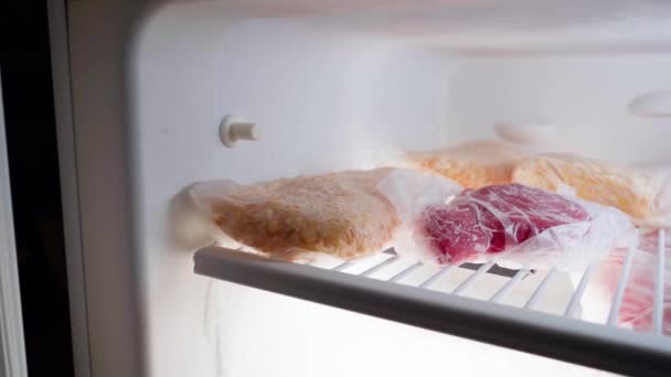 Cámara Vuela Hacia Congelador Del Refrigerador Productos Envasados Bolsas Plástico — Vídeos de Stock