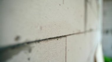 Havalandırmalı beton duvarın dikişleri. Gaz bloğu duvarında düzgün bir kamera hareketi. Yüksek kaliteli FullHD görüntüler