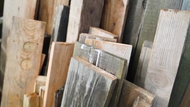 Old Wooden Boards Stacked Pile Close Smooth Camera Movement High — Stock Video