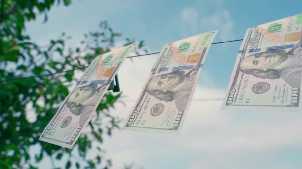 Güneşli Yaz Havasında Masmavi Bir Gökyüzüne Yüz Dolarlık Banknotlar Asılır — Stok video