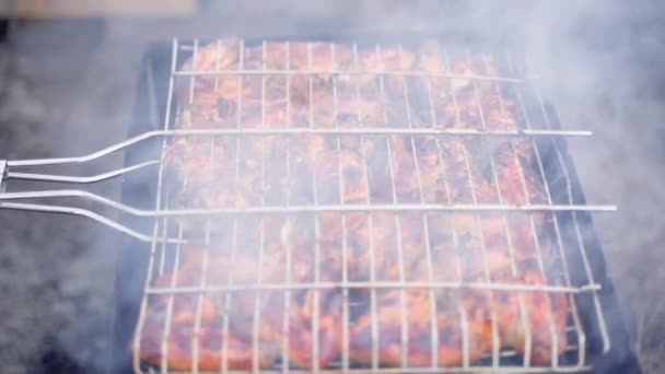 Chicken Wings Grid Smoke Close Slow Motion Barbecue Meat Top — Stock Video