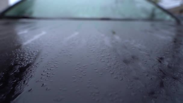 在早上的特写中 一辆黑色汽车的引擎盖掉进了水里 高湿度和水冷凝在车体上 相机运动平稳 优质Fullhd影片 — 图库视频影像