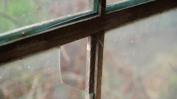 Stłuczony Kawałek Szkła Starym Drewnianym Oknie Wybite Okno Bliska Niewyraźnym — Wideo stockowe