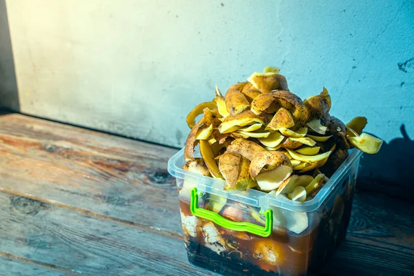 Élelmiszer Hulladék Külön Átlátszó Műanyag Tartályban Szortírozott Szerves Hulladék Komposztáláshoz — Stock Fotó