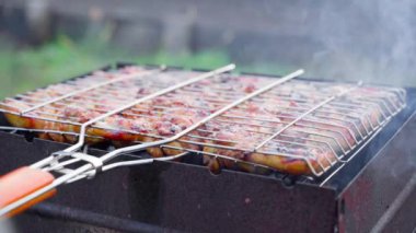 Izgarada tavuk kanadı dumanlı barbekü ızgarası, yakın plan. Yüksek kaliteli FullHD görüntüler