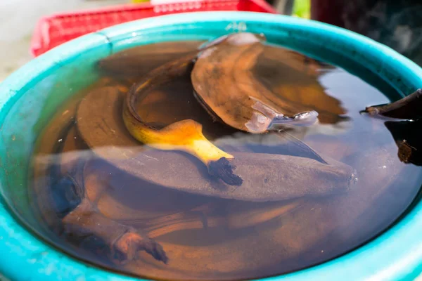バナナの皮の水に浸した クローズアップ 庭での食品廃棄物のリサイクル 資源の合理的利用 — ストック写真