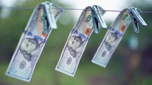 Yüz Dolarlık Banknotlar Bulanık Bir Arka Planda Çamaşır Ipine Asılıydı — Stok video