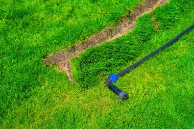 Yazın bitmiş çimenlikte sulama sisteminin düzgün yerleştirilmesi