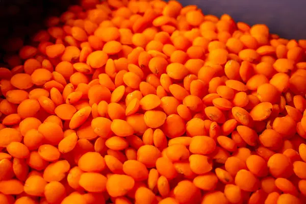 Pomarańczowy Soczewica Opakowaniu Żywności Zbliżenie Zdrowe Zboża Wysokiej Zawartości Białka — Zdjęcie stockowe