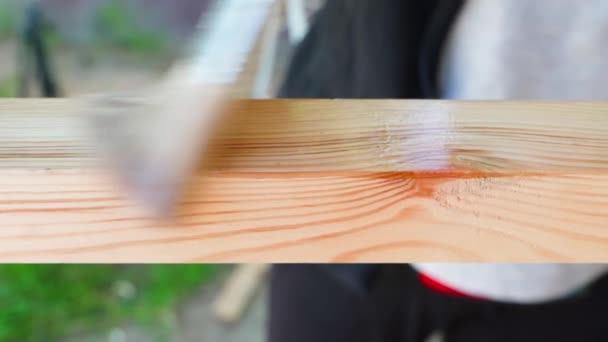 Madeira Pinheiro Pintada Com Verniz Transparente Usando Pincel Close Imagens — Vídeo de Stock