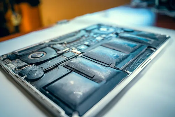 Kyiv, Ukrayna - 17 Ağustos 2023: MacBook Pro Retina 'nın pili 15 inç, 2013 sonlarında çok şişmiş