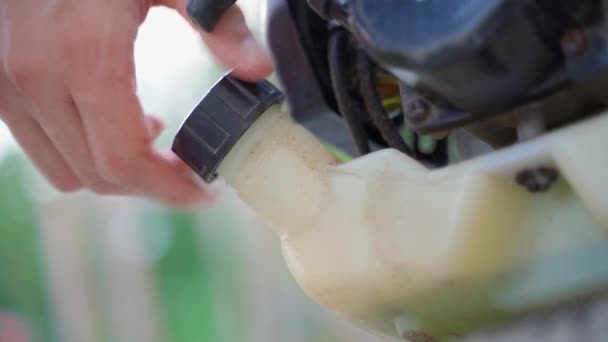Processo Encher Cortador Grama Com Uma Mistura Óleo Combustível Close — Vídeo de Stock