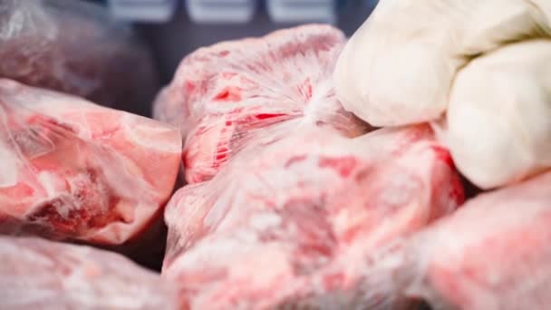 Carne Congelata Sacchetti Trasparenti Nel Congelatore Primo Piano Filmati Fullhd — Video Stock