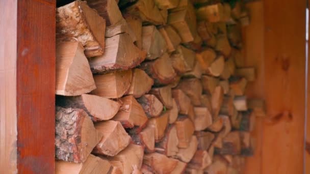 Dřevěný Přístřešek Připraveným Palivem Pro Vytápění Zimě Detailní Záběr Hladký — Stock video