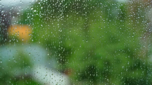 Bakgrund Till Regnig Dyster Dag Vatten Droppar Fönster Glas Närbild — Stockvideo
