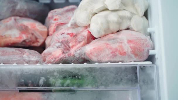 Замороженные Продукты Пластиковых Пакетах Морозильнике Пельмени Мясо Холодильнике Плавное Движение — стоковое видео