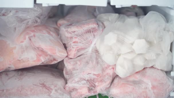冷凍庫にあった肉を クローズアップ 冷蔵庫に食糧を貯蔵する 高品質のフルHd映像 — ストック動画