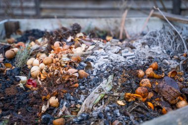 Gıda atıkları ve diğer organik maddelerle dolu bir banliyö bölgesinde gübre yığını. Kendi ellerinle organik gübre yapıyorsun..