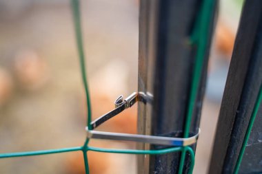 Çit örgüsü için demir kravat. Metal profiline yakın plan yeşil ağ takılıyor.