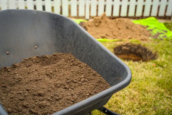 Bahçede ağaç fideleri dikmek için arka planda toprak olan el arabası, yakın plan..