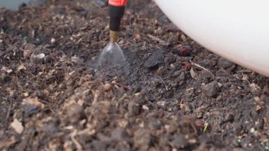 Topraktaki tohumlara su püskürtmek, yavaş çekimde yakın çekim. Sebze bahçesindeki yataklarda çalışıyorum. Yüksek kaliteli FullHD görüntüler