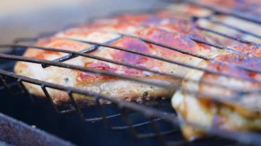 Izgarada omuz dumanı içinde tavuk pişirmek. Kömürde kızarmış tavuk. Yüksek kalite 4k görüntü