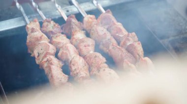 Domuz kebabı ızgarada dumanla pişirilir. Yüksek kalite 4k görüntü
