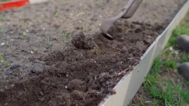Sebze bahçesinin toprağını düz kesiciyle sürerken, yavaş çekimde yakın çekim. Yüksek kaliteli FullHD görüntüler