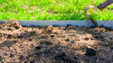 Sebze bahçesindeki toprağı düzleştirici ile sürüyorum, yakın plan. Yüksek kalite 4k görüntü