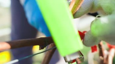 Yapraksız üzüm bağı baharda bahçe zımbasıyla bağlanmış, yavaş çekimde yakın plan. Yüksek kaliteli FullHD görüntüler