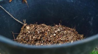 Odun parçaları yakın planda büyük bir kovaya atılır. Yüksek kaliteli FullHD görüntüler