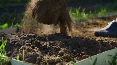 The soil of the vegetable garden bed is being dug with a shovel close-up in slow motion. The gardener works in the vegetable garden in the morning. High quality FullHD footage
