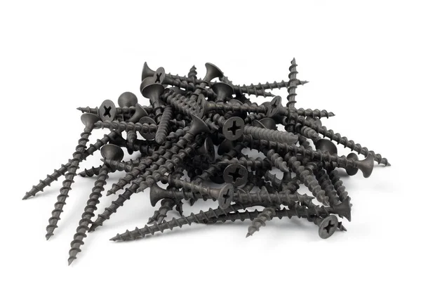 Schroeven Wit Zwart Metalen Schroeven Stapel Geïsoleerd Witte Achtergrond — Stockfoto